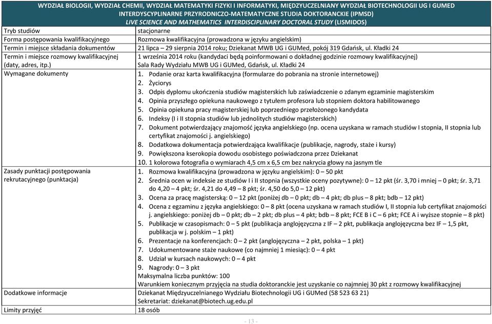 składania dokumentów 21 lipca 29 sierpnia 2014 roku; Dziekanat MWB UG i GUMed, pokój 319 Gdańsk, ul.