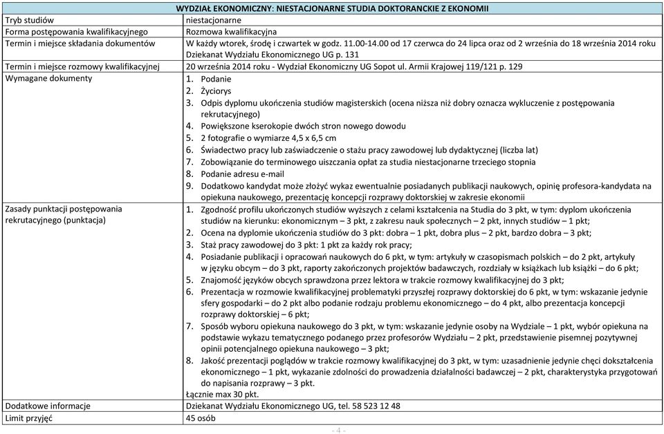 131 Termin i miejsce rozmowy kwalifikacyjnej 20 września 2014 roku Wydział Ekonomiczny UG Sopot ul. Armii Krajowej 119/121 p. 129 1. Podanie 2. Życiorys 3.