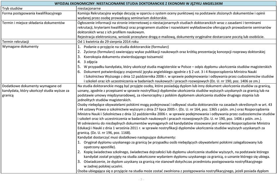 Termin i miejsce składania dokumentów Ogłoszenie informacji na stronie internetowej o niestacjonarnych studiach doktoranckich wraz z zasadami i terminami rekrutacji, kryteriami kwalifikacji oraz