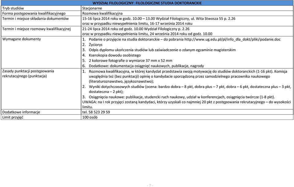 00 Wydział Filologiczny p. 2.26 oraz w przypadku niewypełnienia limitu, 24 września 2014 roku od godz. 10.00 1. Podanie o przyjęcie na studia doktoranckie do pobrania http://www.ug.edu.