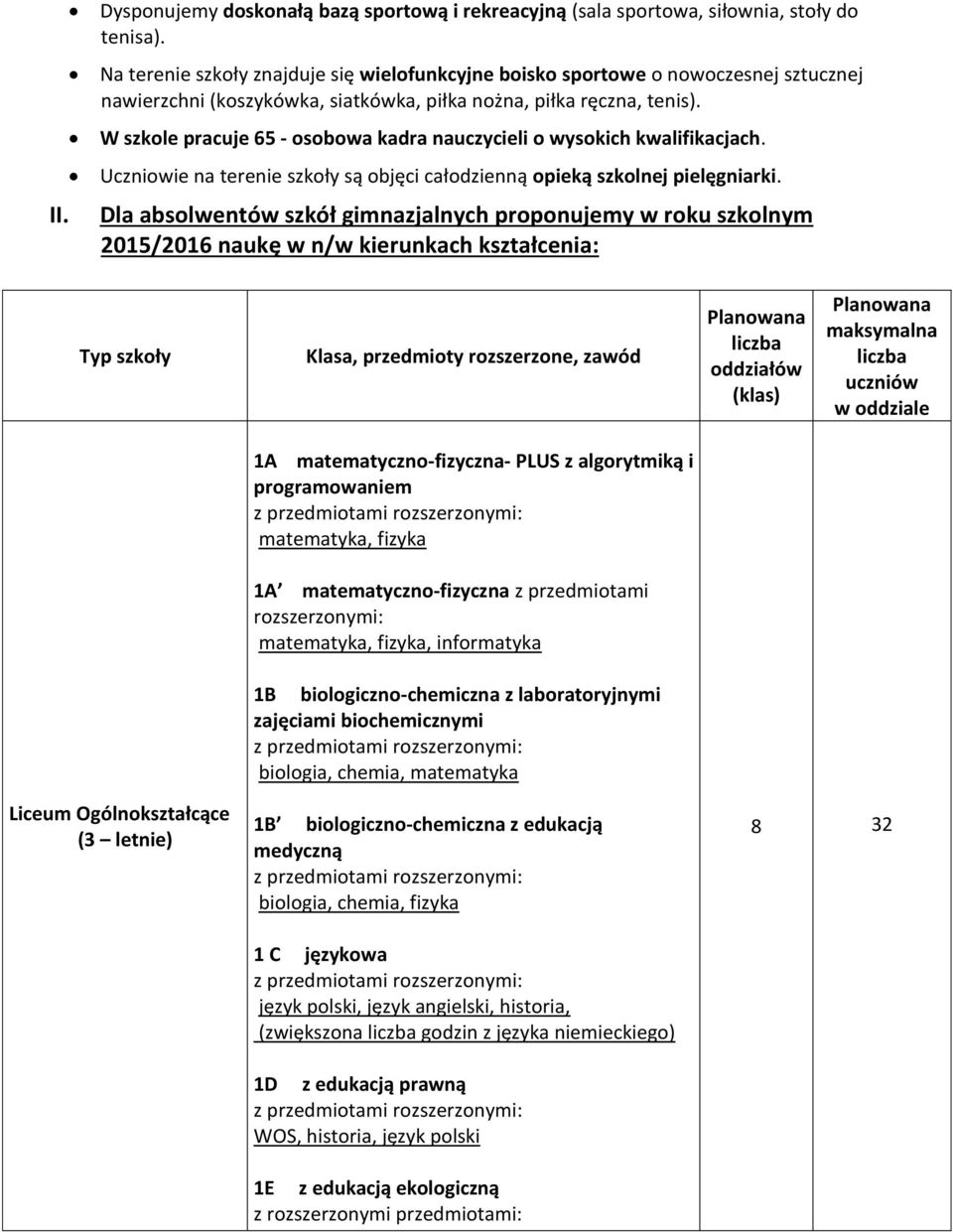 W szkole pracuje 65 - osobowa kadra nauczycieli o wysokich kwalifikacjach. Uczniowie na terenie szkoły są objęci całodzienną opieką szkolnej pielęgniarki.