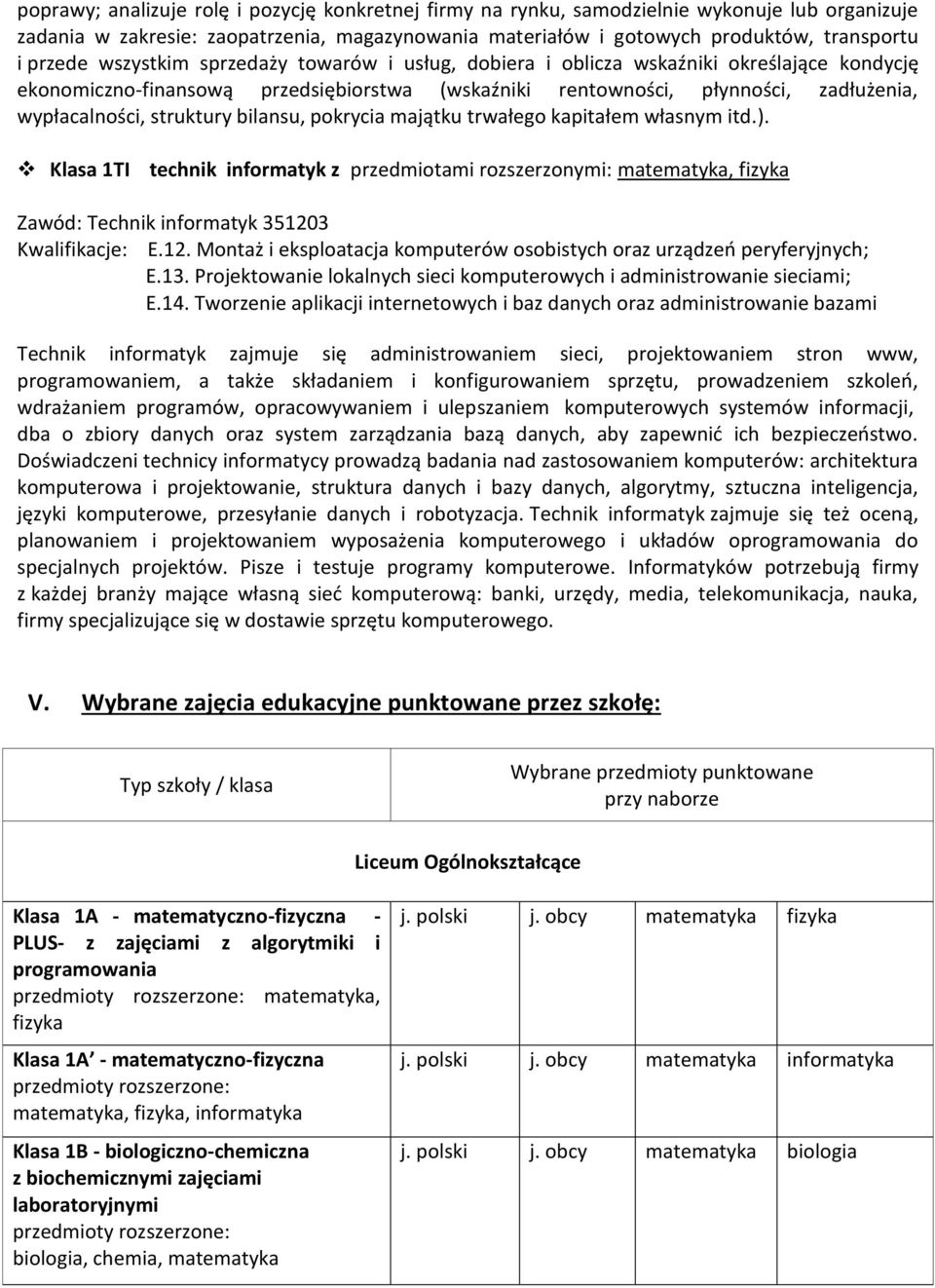 bilansu, pokrycia majątku trwałego kapitałem własnym itd.). Klasa 1TI technik informatyk matematyka, fizyka Zawód: Technik informatyk 35120