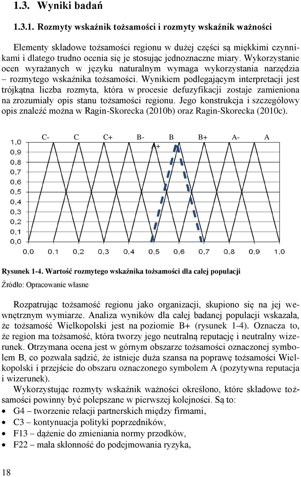 Wynikiem podlegającym interpretacji jest trójkątna liczba rozmyta, która w procesie defuzyfikacji zostaje zamieniona na zrozumiały opis stanu tożsamości regionu.