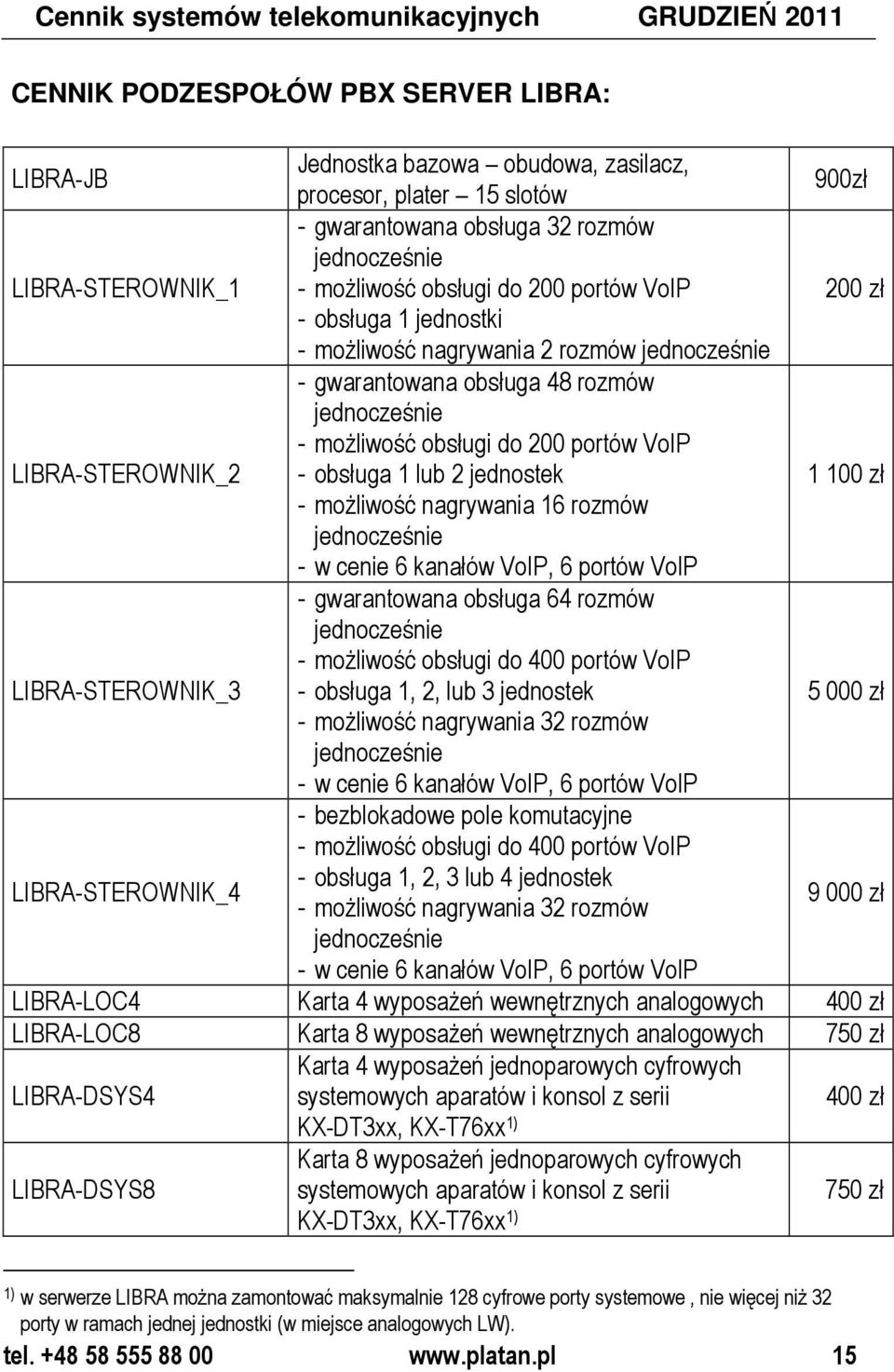 jednocześnie - moŝliwość obsługi do 200 portów VoIP - obsługa 1 lub 2 jednostek 1 100 zł - moŝliwość nagrywania 16 rozmów jednocześnie - w cenie 6 kanałów VoIP, 6 portów VoIP LIBRA-STEROWNIK_3 -