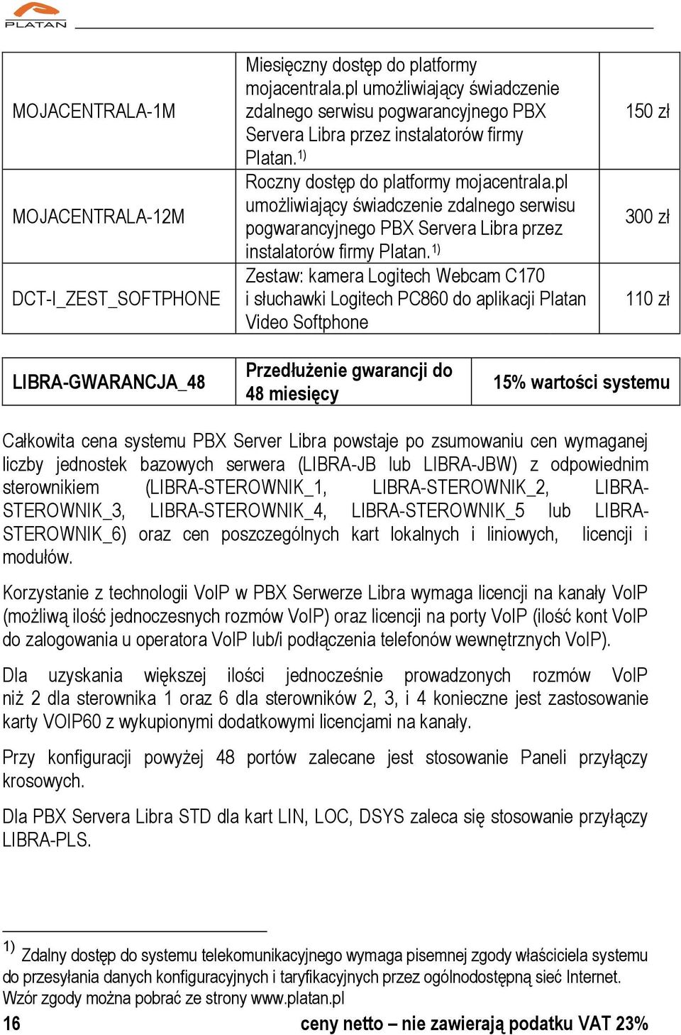 pl umożliwiający świadczenie zdalnego serwisu pogwarancyjnego PBX Servera Libra przez instalatorów firmy Platan.