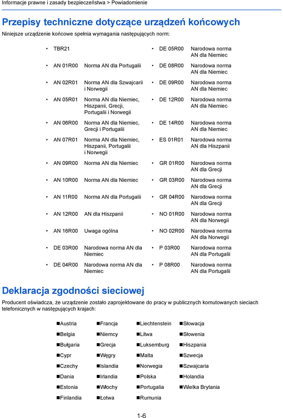 Norwegii AN 06R00 Norma AN dla Niemiec, Grecji i Portugalii AN 07R01 Norma AN dla Niemiec, Hiszpanii, Portugalii i Norwegii DE 09R00 Narodowa norma AN dla Niemiec DE 12R00 Narodowa norma AN dla