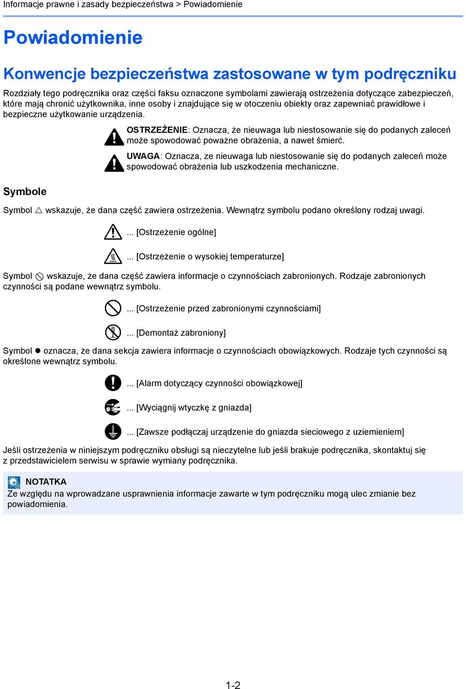 OSTRZEŻENIE: Oznacza, że nieuwaga lub niestosowanie się do podanych zaleceń może spowodować poważne obrażenia, a nawet śmierć.