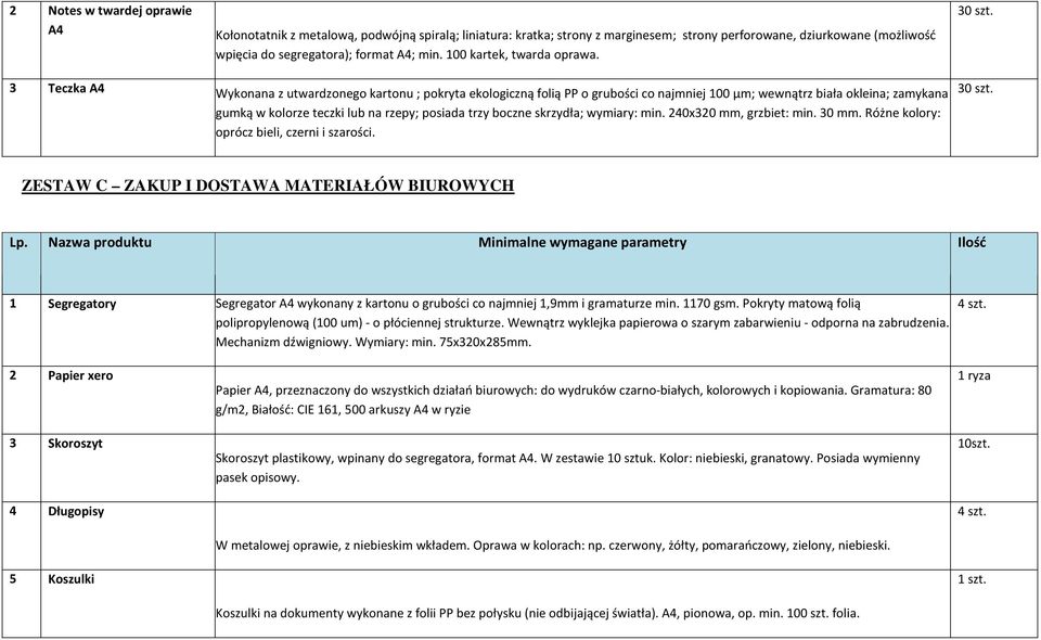 3 Teczka A4 Wykonana z utwardzonego kartonu ; pokryta ekologiczną folią PP o grubości co najmniej 100 µm; wewnątrz biała okleina; zamykana gumką w kolorze teczki lub na rzepy; posiada trzy boczne