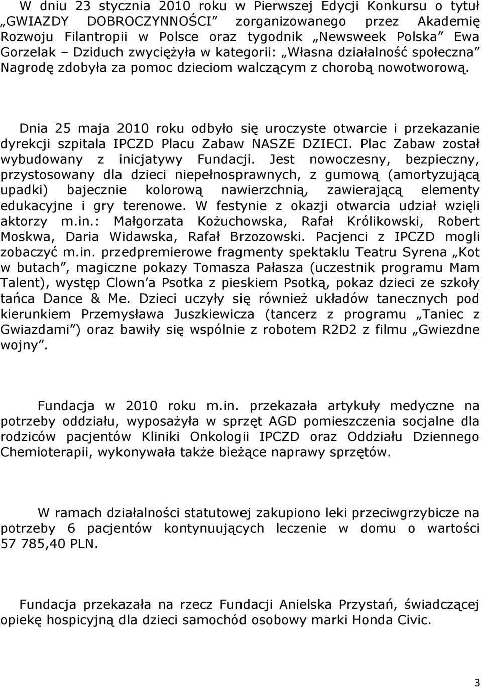 Dnia 25 maja 2010 rku dbył się urczyste twarcie i przekazanie dyrekcji szpitala IPCZD Placu Zabaw NASZE DZIECI. Plac Zabaw zstał wybudwany z inicjatywy Fundacji.