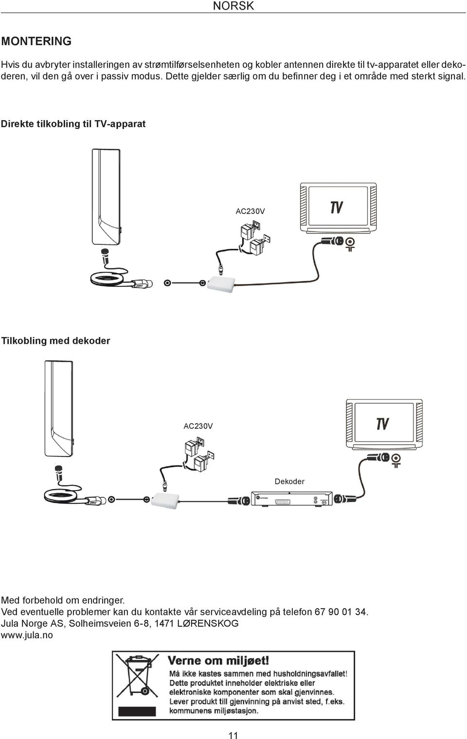 Direkte tilkobling til TV-apparat AC230V Tilkobling med dekoder AC230V Dekoder Med forbehold om endringer.