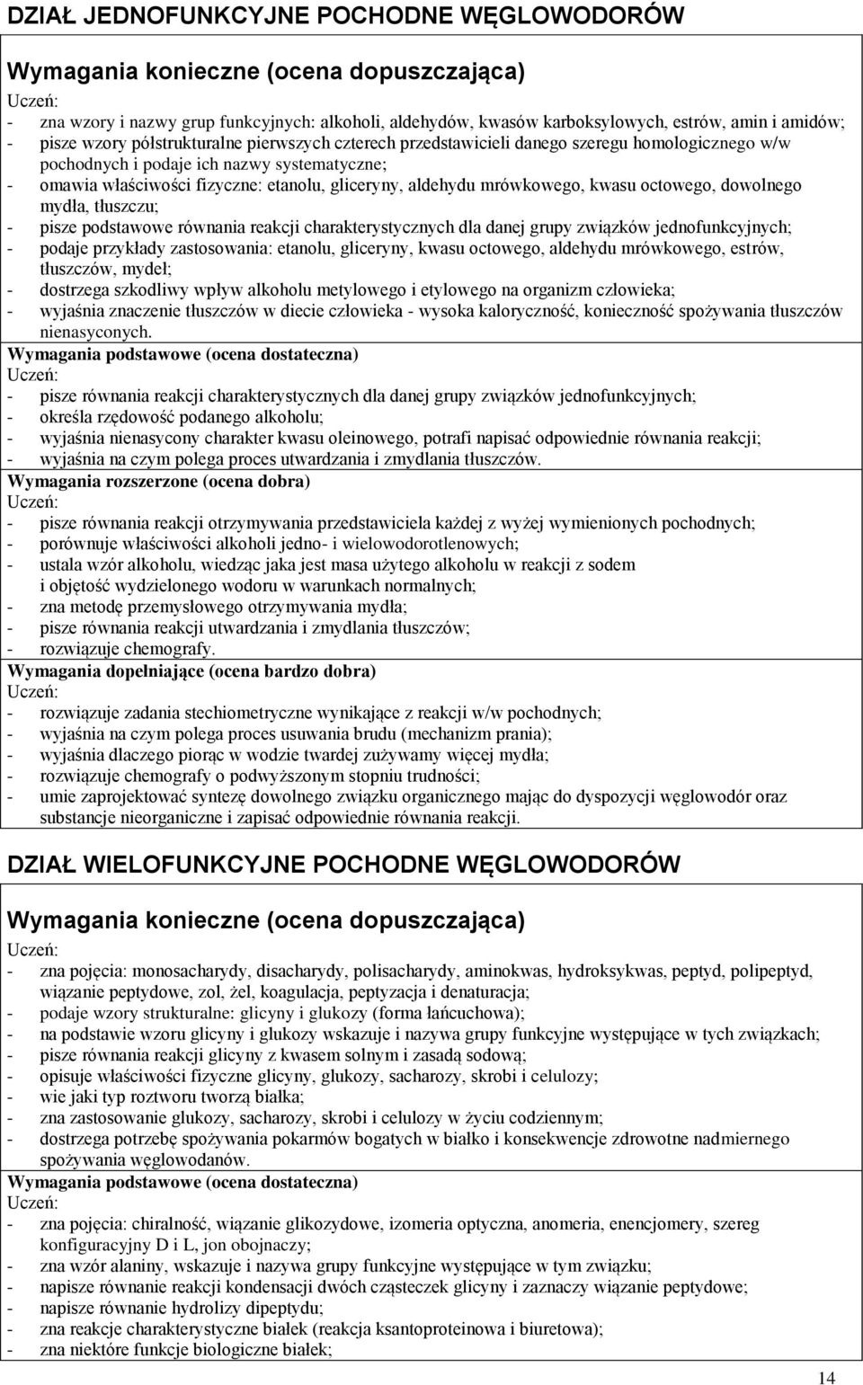 tłuszczu; - pisze podstawowe równania reakcji charakterystycznych dla danej grupy związków jednofunkcyjnych; - podaje przykłady zastosowania: etanolu, gliceryny, kwasu octowego, aldehydu mrówkowego,