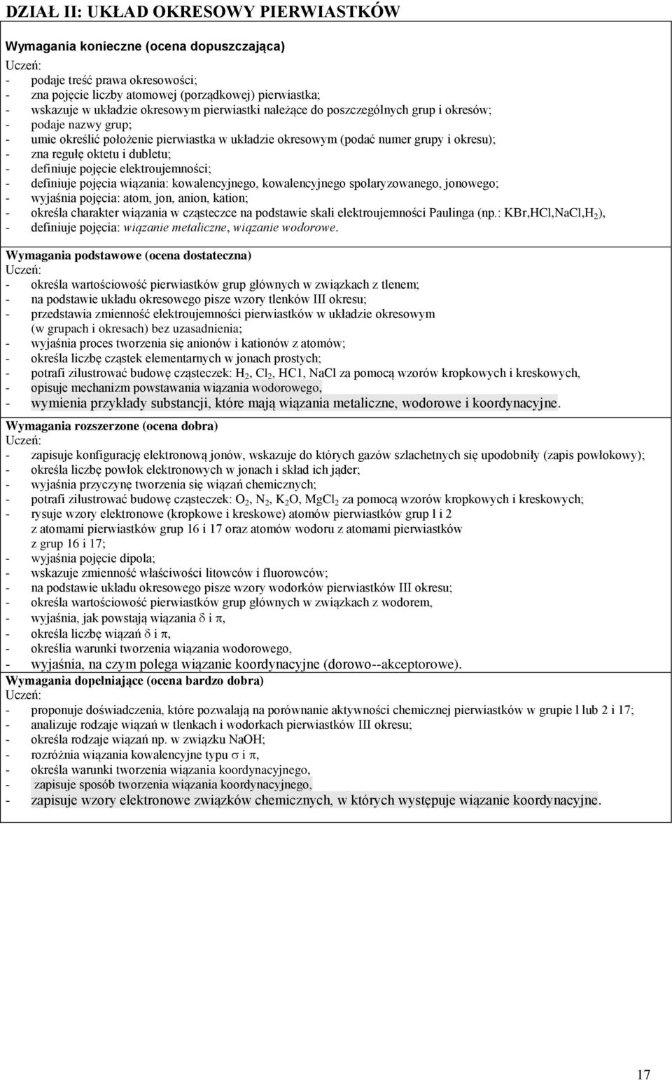 definiuje pojęcia wiązania: kowalencyjnego, kowalencyjnego spolaryzowanego, jonowego; - wyjaśnia pojęcia: atom, jon, anion, kation; - określa charakter wiązania w cząsteczce na podstawie skali