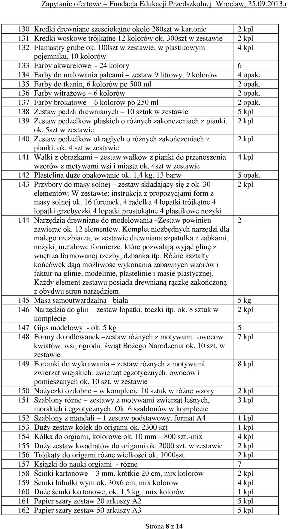 Farby do tkanin, 6 kolorów po 500 ml 2 opak. 136. Farby witrażowe 6 kolorów 2 opak. 137. Farby brokatowe 6 kolorów po 250 ml 2 opak. 138. Zestaw pędzli drewnianych 10 sztuk w zestawie 5 kpl 139.