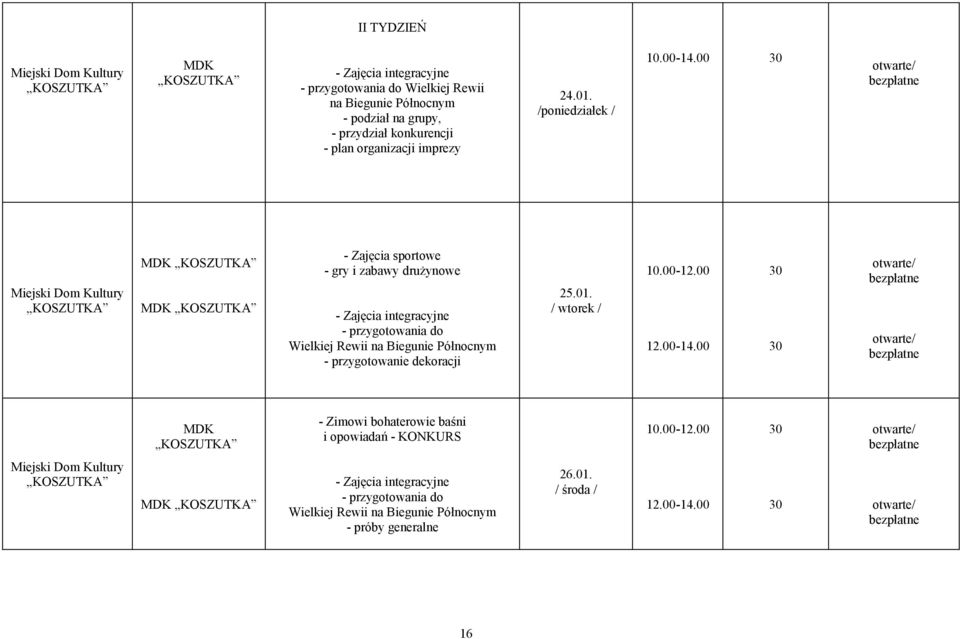 00 / Miejski Dom Kultury KOSZUTKA MDK KOSZUTKA MDK KOSZUTKA - Zajęcia sportowe - gry i zabawy drużynowe - Zajęcia integracyjne - przygotowania do Wielkiej Rewii na Biegunie Północnym -