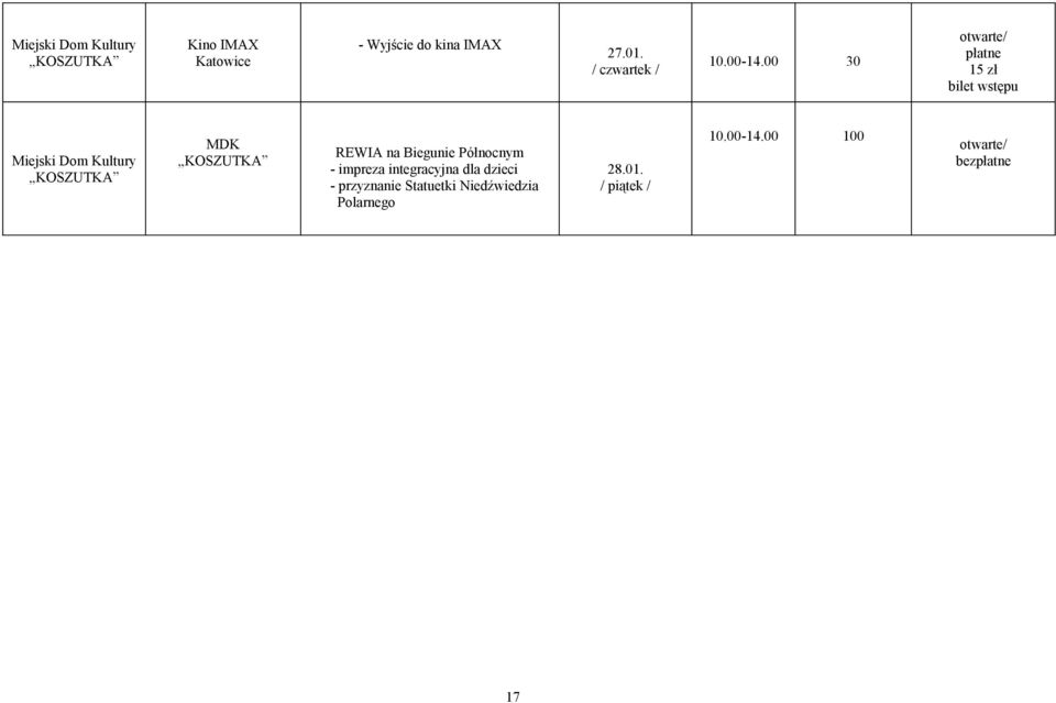 00 / płatne 15 zł bilet wstępu Miejski Dom Kultury KOSZUTKA MDK KOSZUTKA REWIA