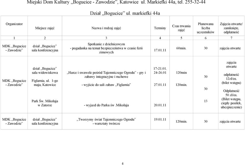 konferencyjna Spotkanie z dzielnicowym - pogadanka na temat bezpieczeństwa w czasie ferii zimowych 17.01.11 60min. zajęcia MDK Bogucice - Zawodzie dział Bogucice sala widowiskowa Figlarnia, ul.