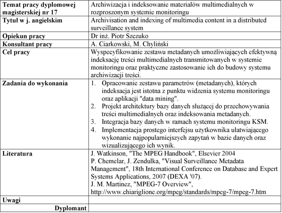 Chyliński Wyspecyfikowanie zestawu metadanych umożliwiających efektywną indeksację treści multimedialnych transmitowanych w systemie monitoringu oraz praktyczne zastosowanie ich do budowy systemu