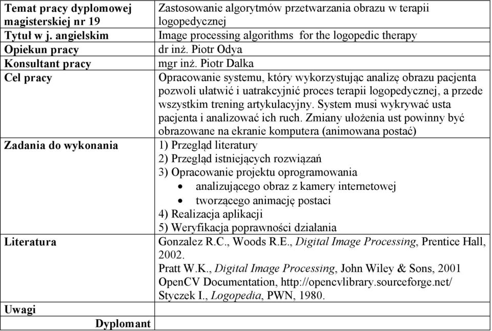 System musi wykrywać usta pacjenta i analizować ich ruch.