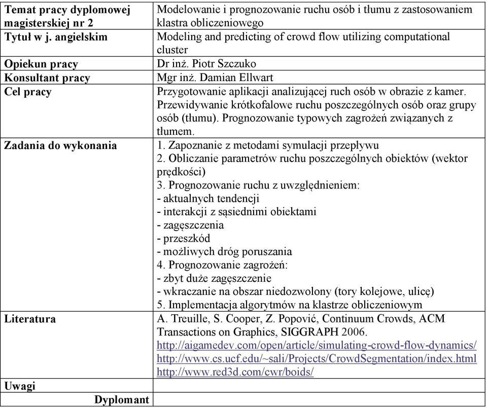 Prognozowanie typowych zagrożeń związanych z tłumem. 1. Zapoznanie z metodami symulacji przepływu 2. Obliczanie parametrów ruchu poszczególnych obiektów (wektor prędkości) 3.