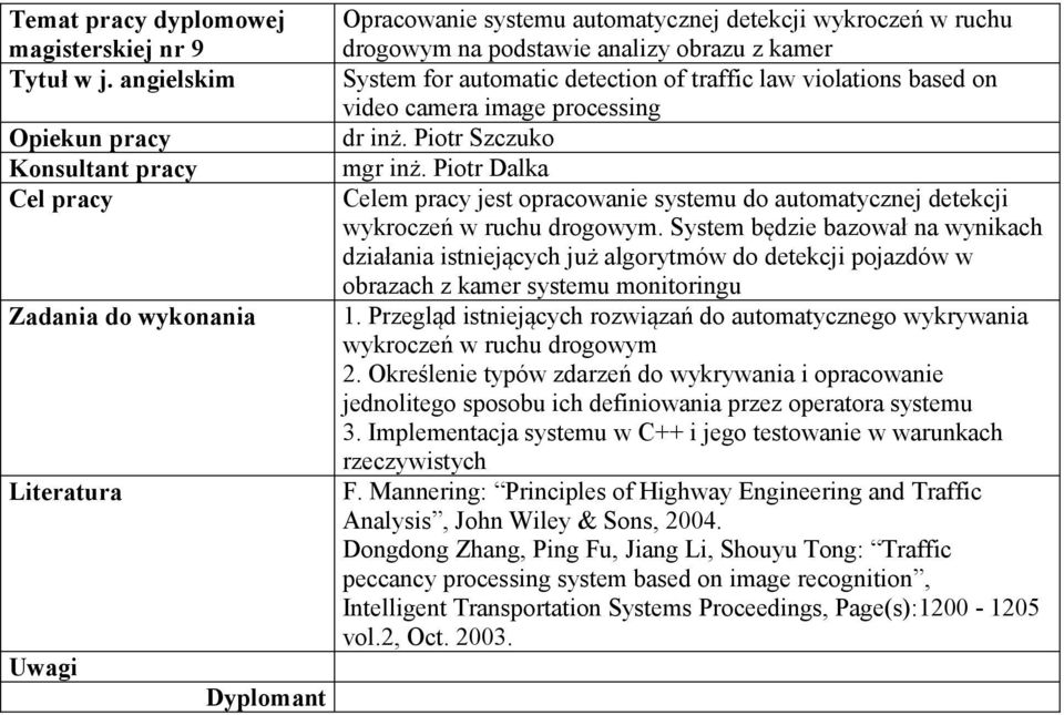 System będzie bazował na wynikach działania istniejących już algorytmów do detekcji pojazdów w obrazach z kamer systemu monitoringu 1.