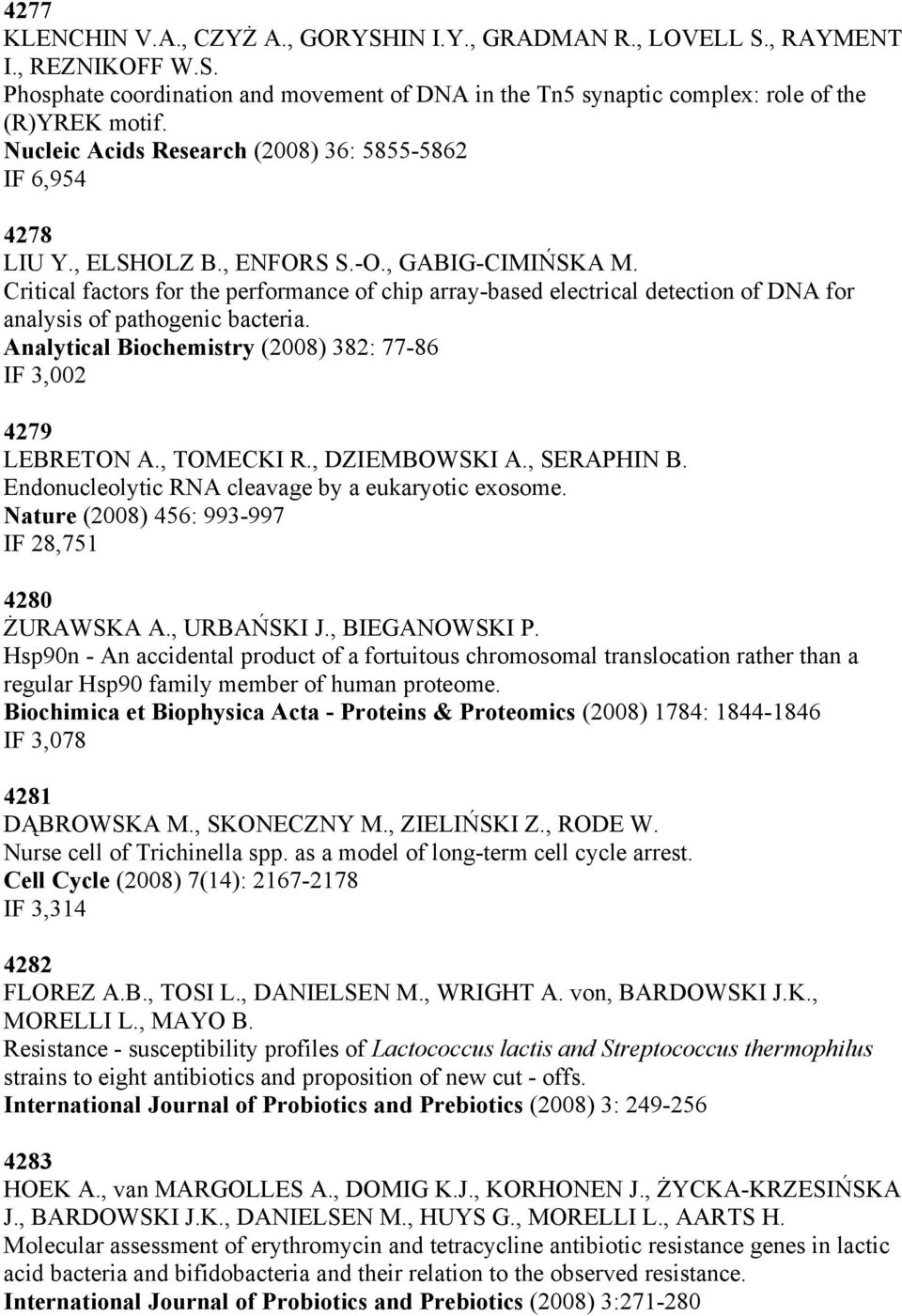 Critical factors for the performance of chip array-based electrical detection of DNA for analysis of pathogenic bacteria. Analytical Biochemistry (2008) 382: 77-86 IF 3,002 4279 LEBRETON A.