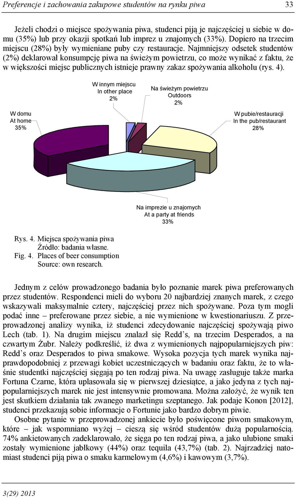 Najmniejszy odsetek studentów (2%) deklarował konsumpcję piwa na świeżym powietrzu, co może wynikać z faktu, że w większości miejsc publicznych istnieje prawny zakaz spożywania alkoholu (rys. 4).