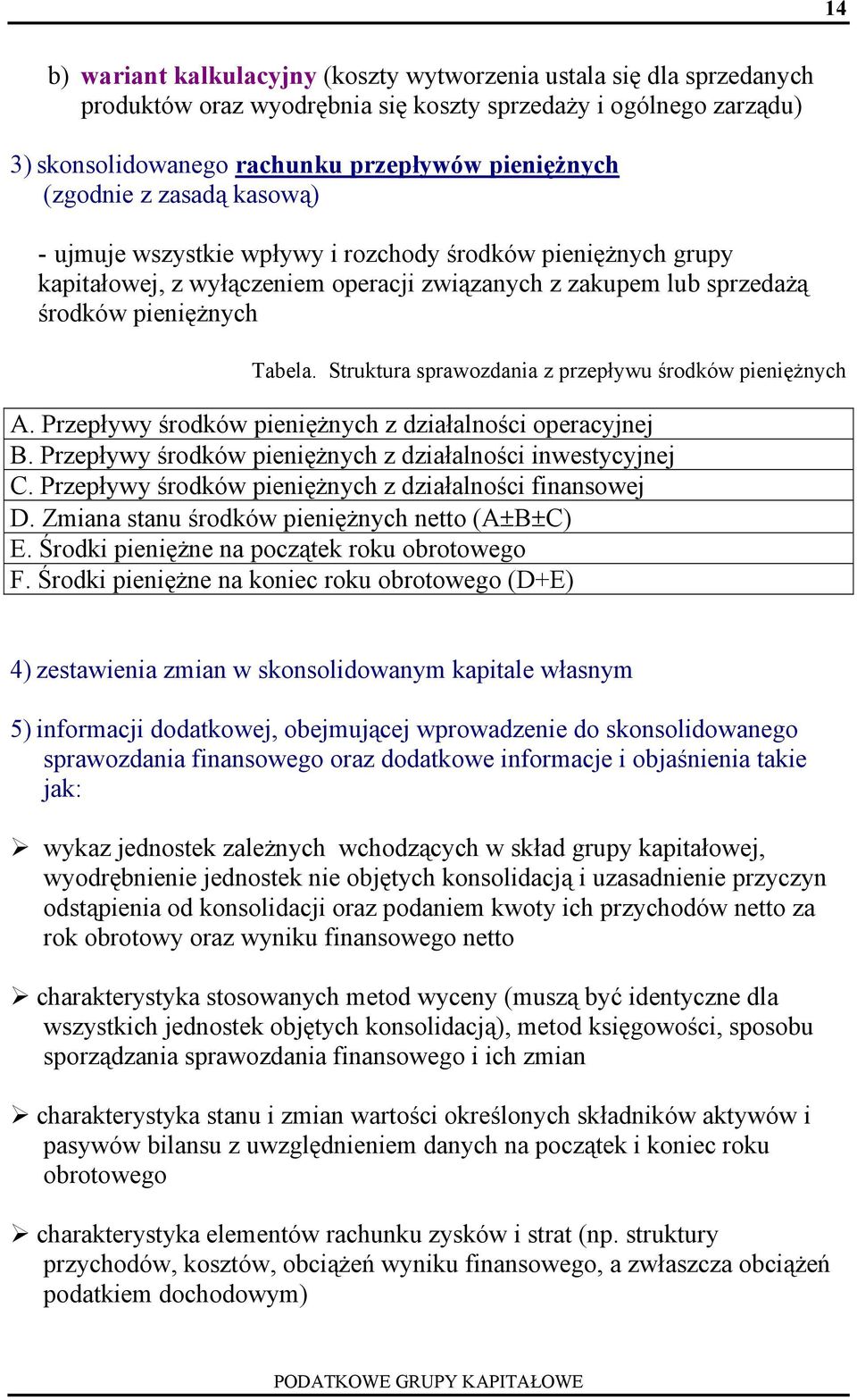 Struktura sprawozdania z przepływu środków pieniężnych A. Przepływy środków pieniężnych z działalności operacyjnej B. Przepływy środków pieniężnych z działalności inwestycyjnej C.