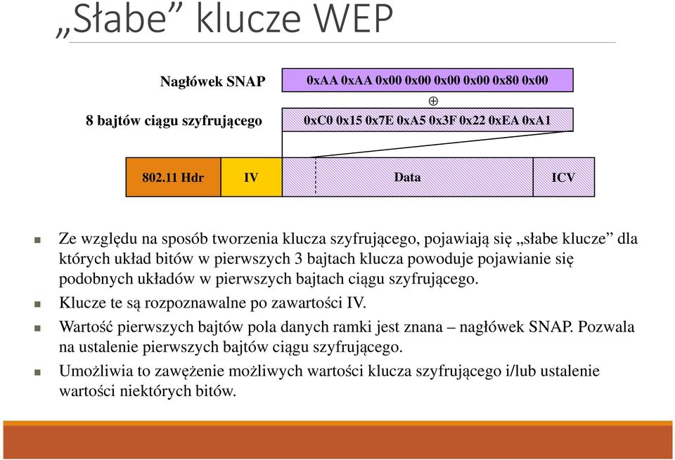 pojawianie się podobnych układów w pierwszych bajtach ciągu szyfrującego. Klucze te są rozpoznawalne po zawartości IV.