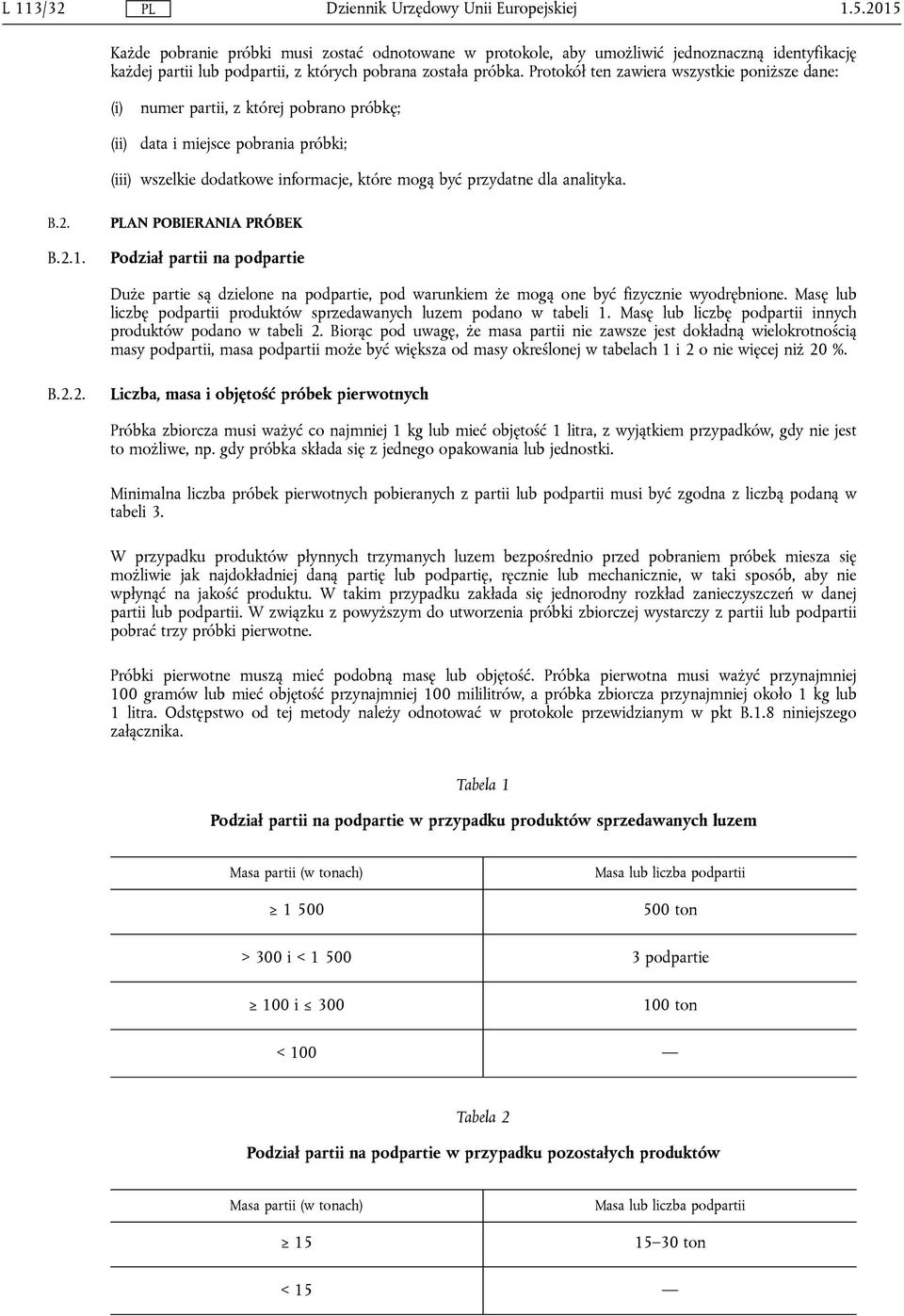 analityka. B.2. B.2.1. AN POBIERANIA PRÓBEK Podział partii na podpartie Duże partie są dzielone na podpartie, pod warunkiem że mogą one być fizycznie wyodrębnione.