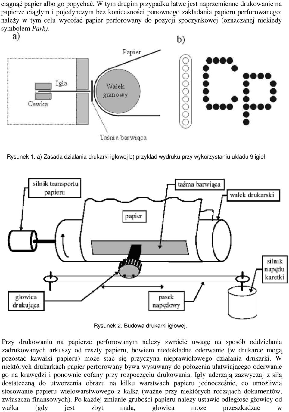 do pozycji spoczynkowej (oznaczanej niekiedy symbolem Park). Rysunek 1. a) Zasada działania drukarki igłowej b) przykład wydruku przy wykorzystaniu układu 9 igieł. Rysunek 2. Budowa drukarki igłowej.