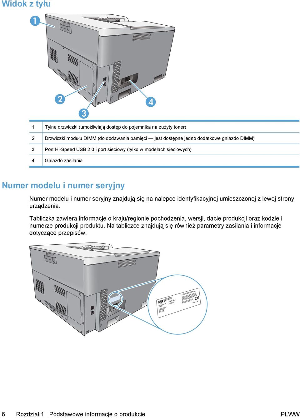 0 i port sieciowy (tylko w modelach sieciowych) 4 Gniazdo zasilania Numer modelu i numer seryjny Numer modelu i numer seryjny znajdują się na nalepce identyfikacyjnej