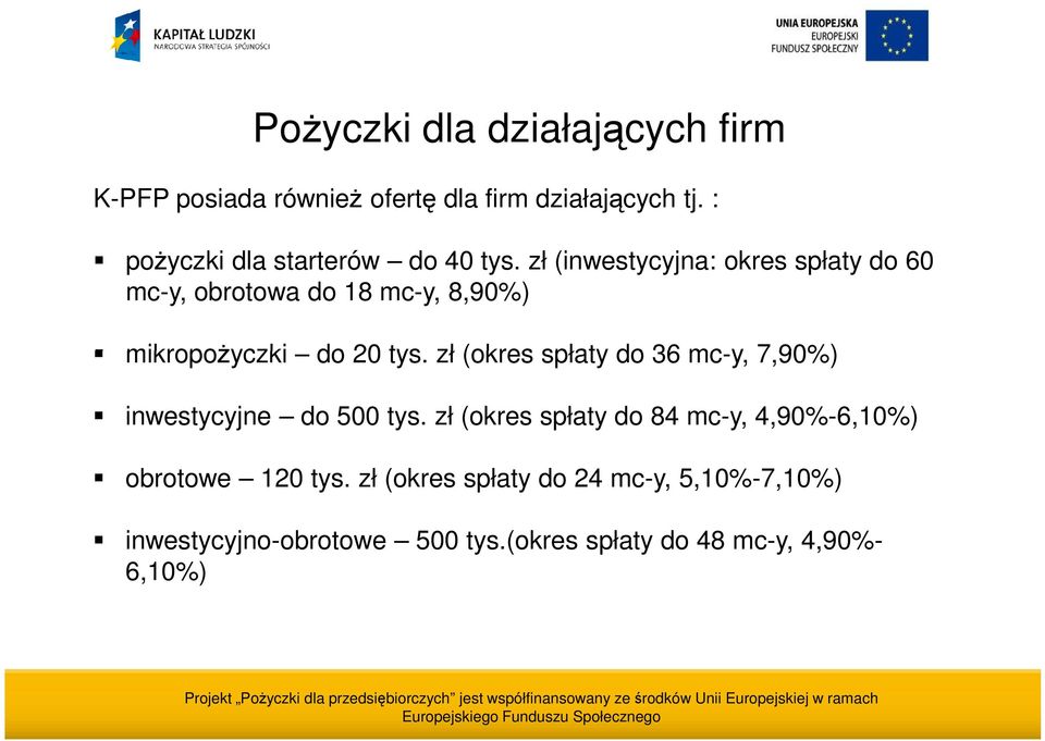 zł (inwestycyjna: okres spłaty do 60 mc-y, obrotowa do 18 mc-y, 8,90%) mikropożyczki do 20 tys.