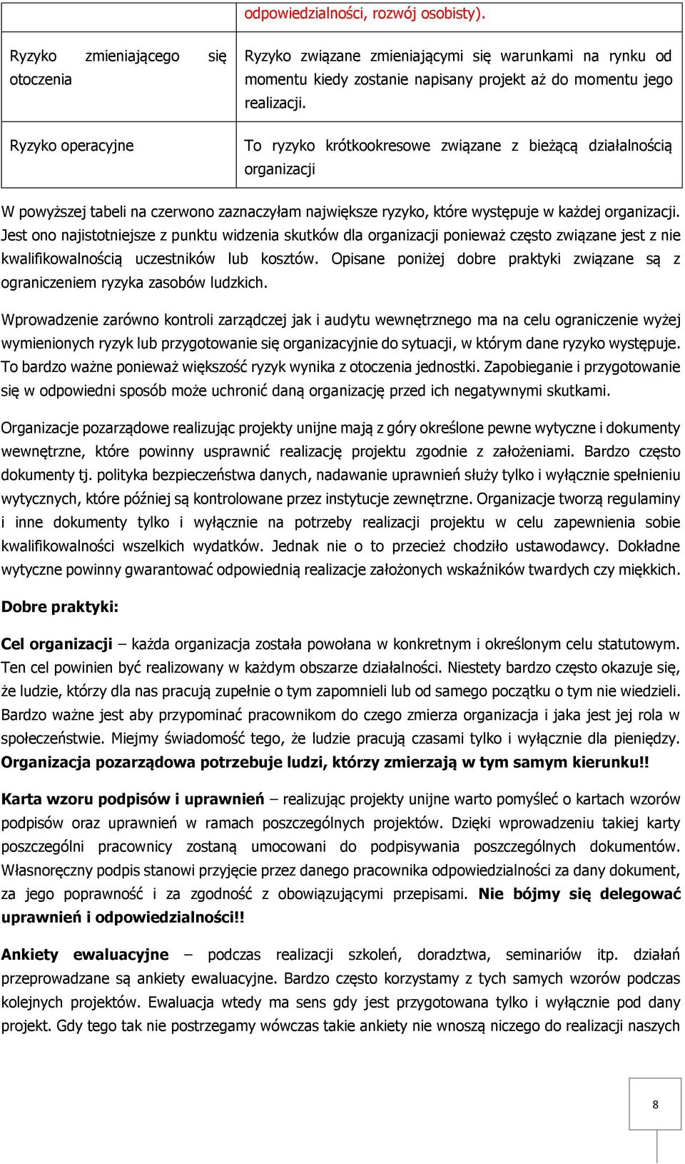 To ryzyko krótkookresowe związane z bieżącą działalnością organizacji W powyższej tabeli na czerwono zaznaczyłam największe ryzyko, które występuje w każdej organizacji.