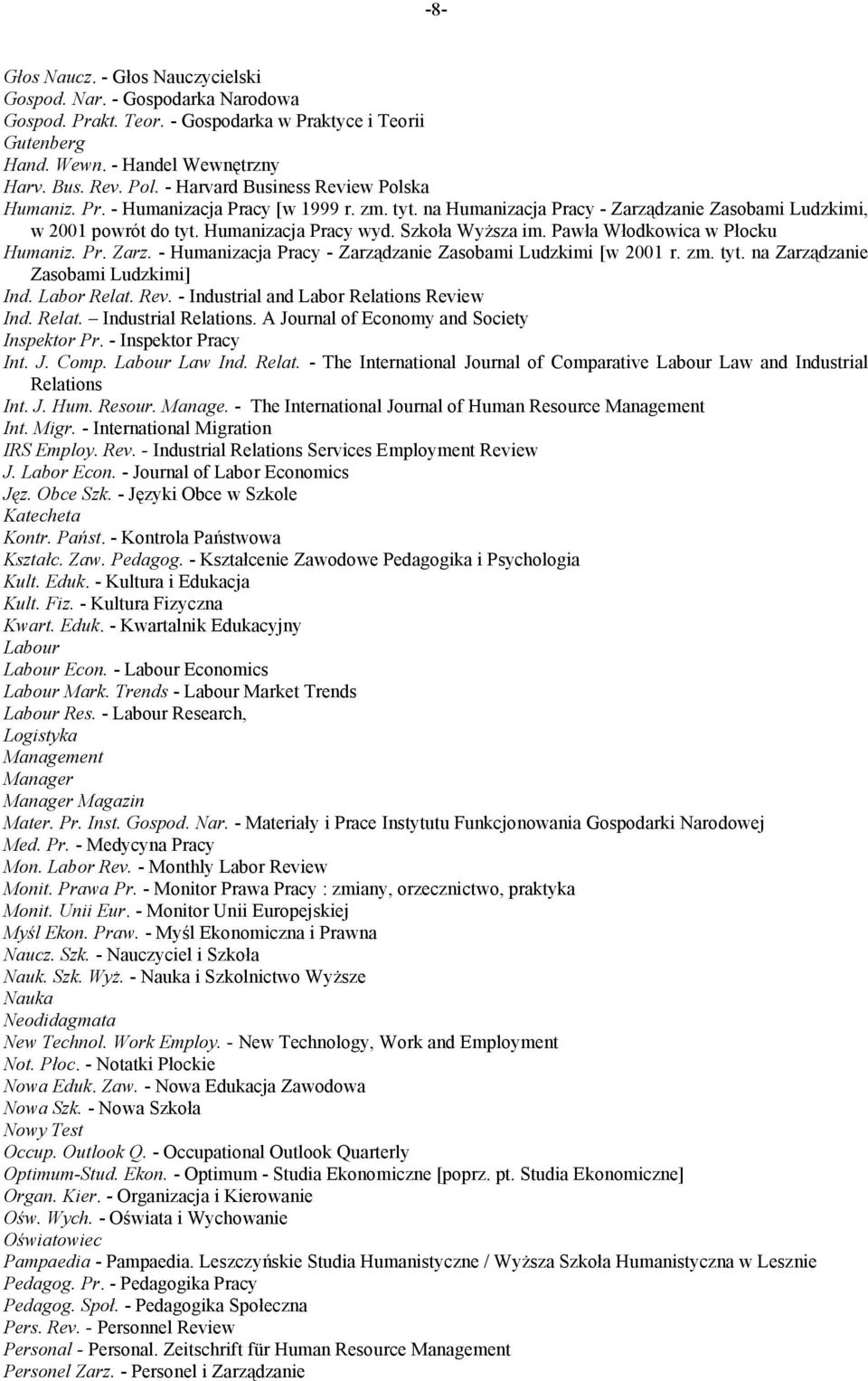 Szkoła Wyższa im. Pawła Włodkowica w Płocku Humaniz. Pr. Zarz. - Humanizacja Pracy - Zarządzanie Zasobami Ludzkimi [w 2001 r. zm. tyt. na Zarządzanie Zasobami Ludzkimi] Ind. Labor Relat. Rev.