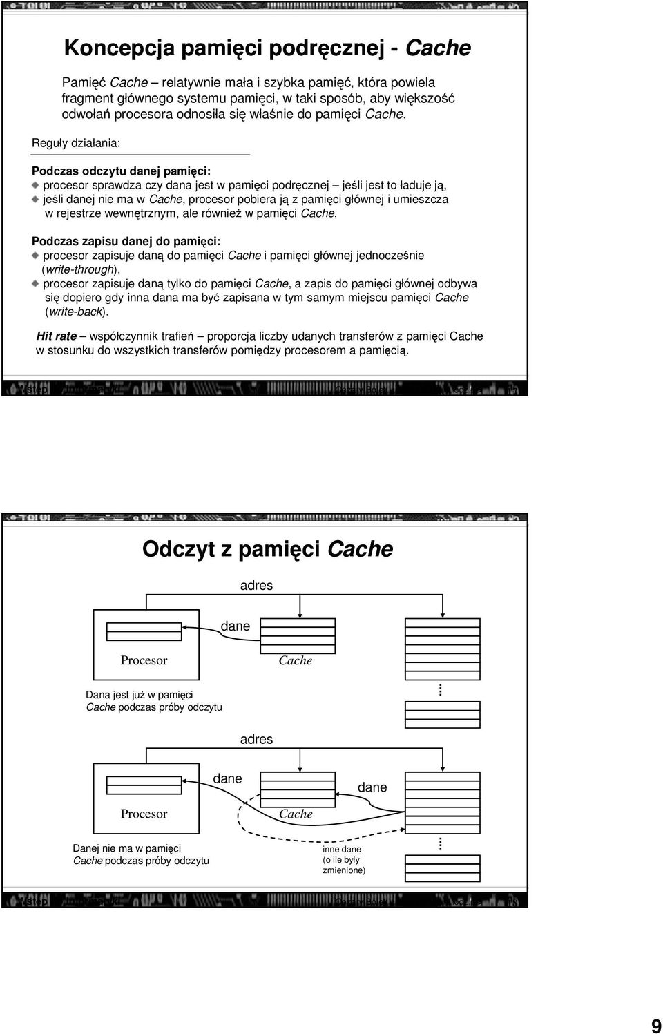 Reguły działania: Podczas odczytu danej pamięci: procesor sprawdza czy dana jest w pamięci podręcznej jeśli jest to ładuje ją, jeśli danej nie ma w Cache, procesor pobiera ją z pamięci głównej i
