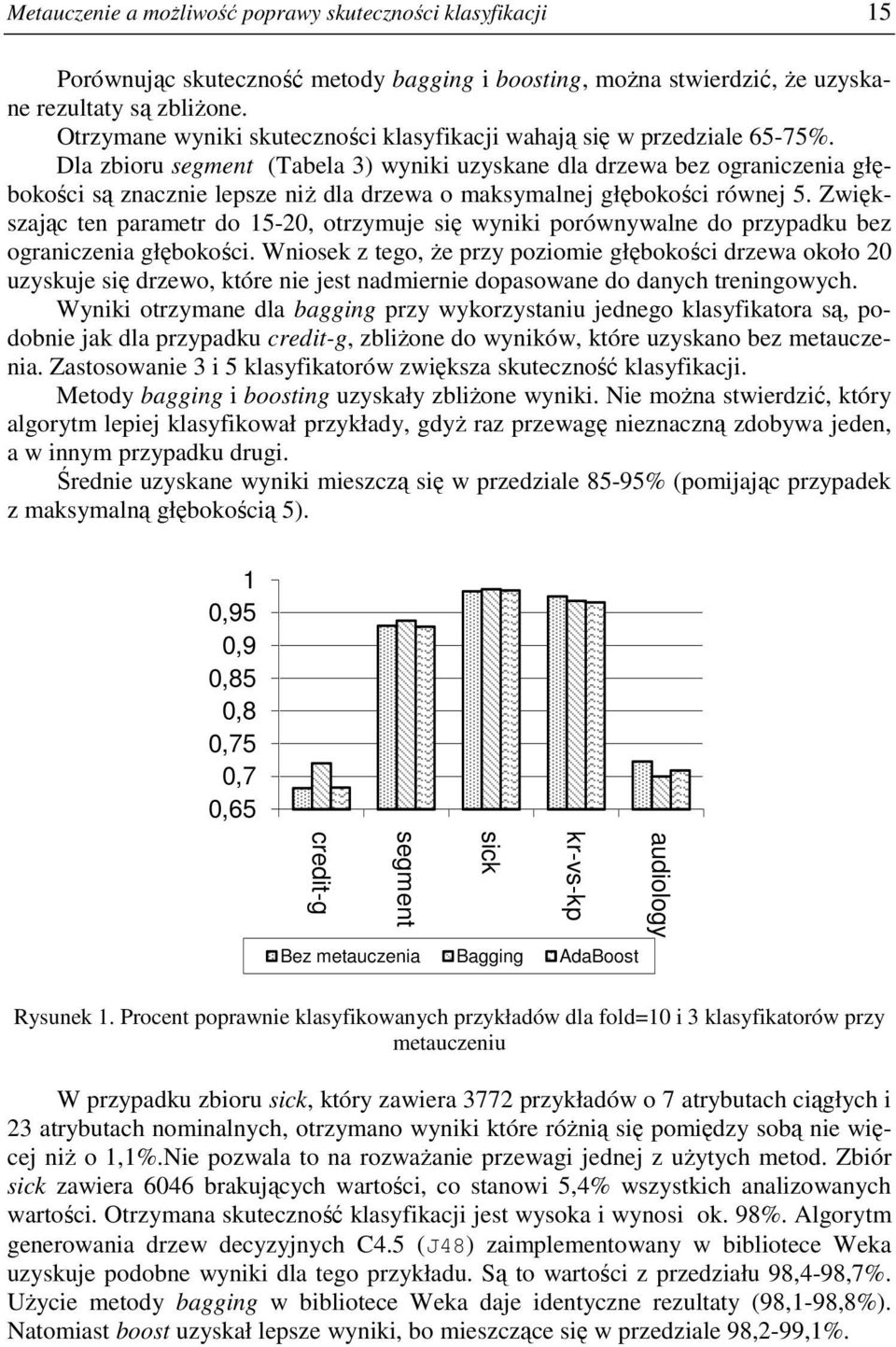 Dla zbioru segment (Tabela 3) wyniki uzyskane dla drzewa bez ograniczenia głębokości są znacznie lepsze niŝ dla drzewa o maksymalnej głębokości równej 5.