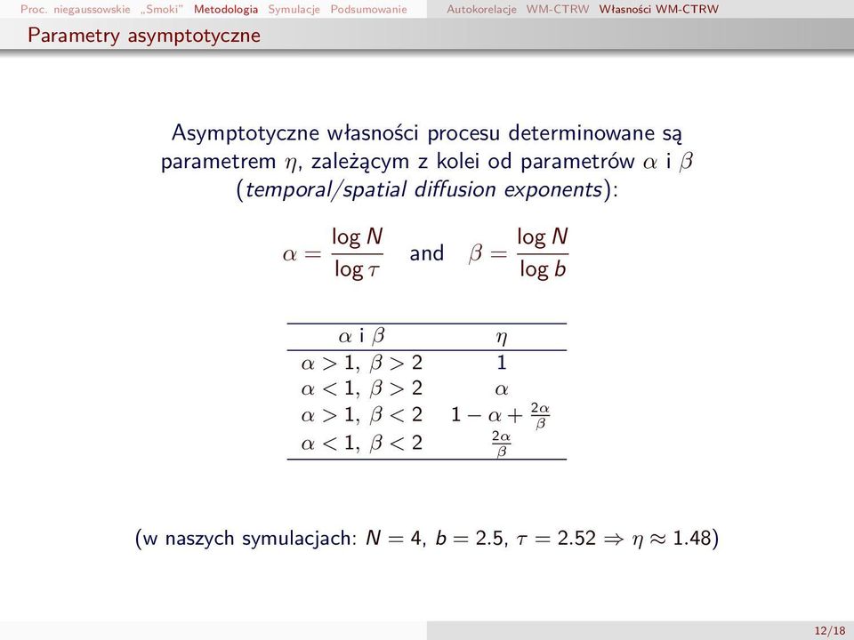 i β (temporal/spatial diffusion exponents): α = log N log τ and β = log N log b α i β η α > 1, β > 2 1 α < 1, β