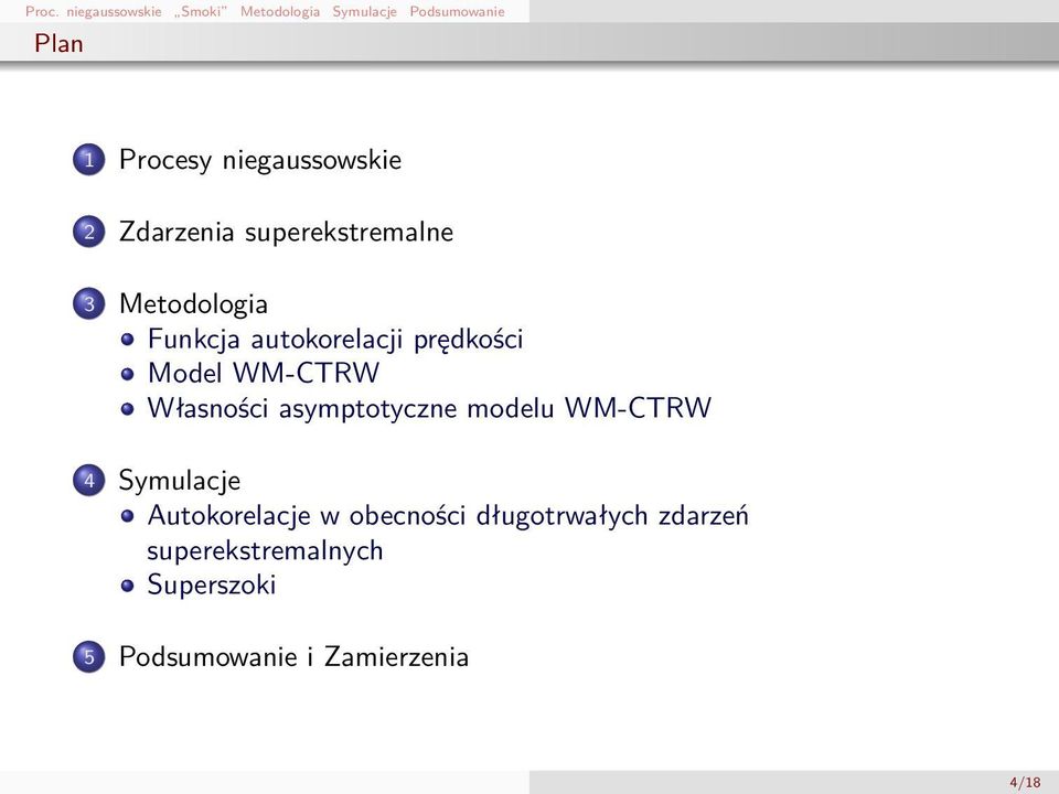 prędkości Model WM-CTRW Własności asymptotyczne modelu WM-CTRW 4 Symulacje