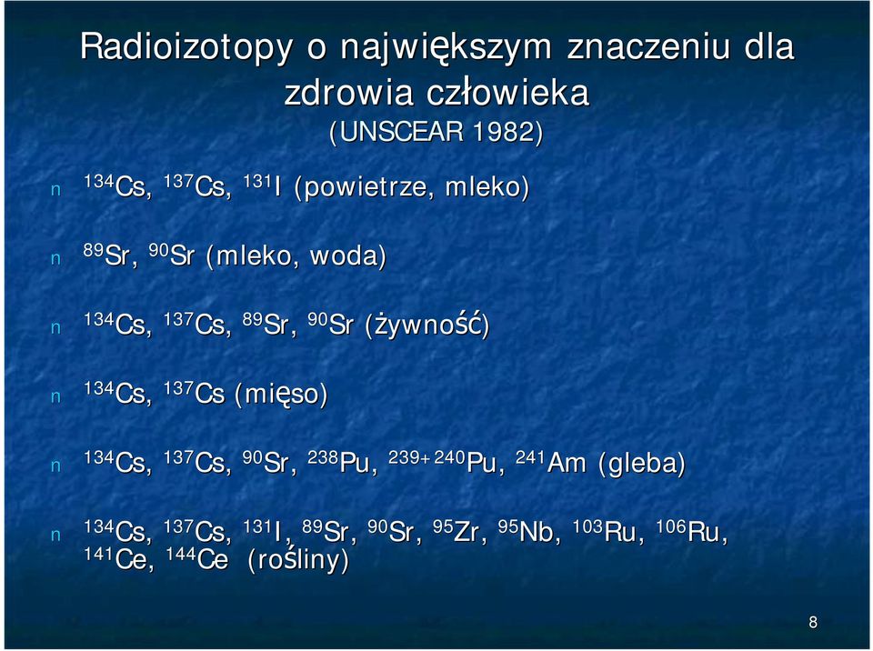 Cs, 89 Sr, 90 Sr (żywność) 137 Cs (mięso) Cs, 90 Sr, 238 Pu, 239+240 Pu, 241 90 Sr, 134 Cs, 137 Cs,