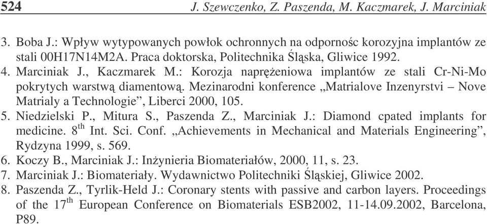 Mezinarodni konference Matrialove Inzenyrstvi Nove Matrialy a Technologie, Liberci 2000, 105. 5. Niedzielski P., Mitura S., Paszenda Z., Marciniak J.: Diamond cpated implants for medicine. 8 th Int.