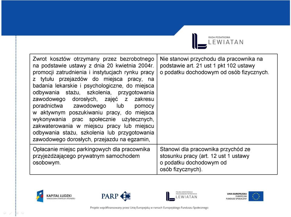 dorosłych, zajęć z zakresu poradnictwa zawodowego lub pomocy w aktywnym poszukiwaniu pracy, do miejsca wykonywania prac społecznie użytecznych, zakwaterowania w miejscu pracy lub miejscu odbywania