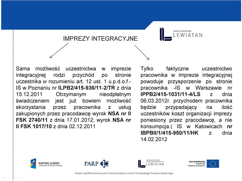 12.2011 Tylko faktyczne uczestnictwo pracownika w imprezie integracyjnej powoduje przysporzenie po stronie pracownika -IS w Warszawie nr IPPB2/415-1031/11-4/LS z dnia 06.03.2012r.