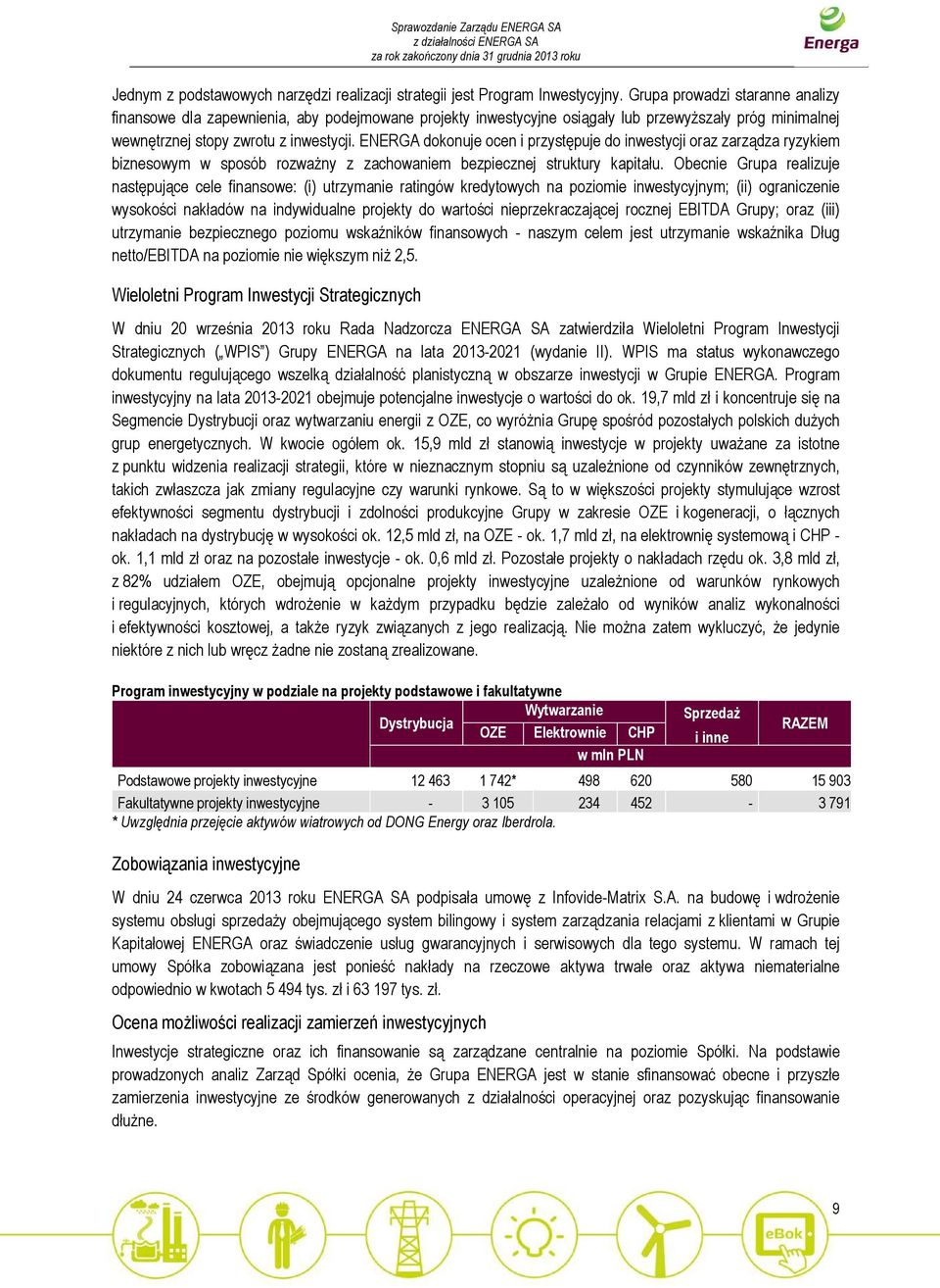 ENERGA dokonuje ocen i przystępuje do inwestycji oraz zarządza ryzykiem biznesowym w sposób rozważny z zachowaniem bezpiecznej struktury kapitału.