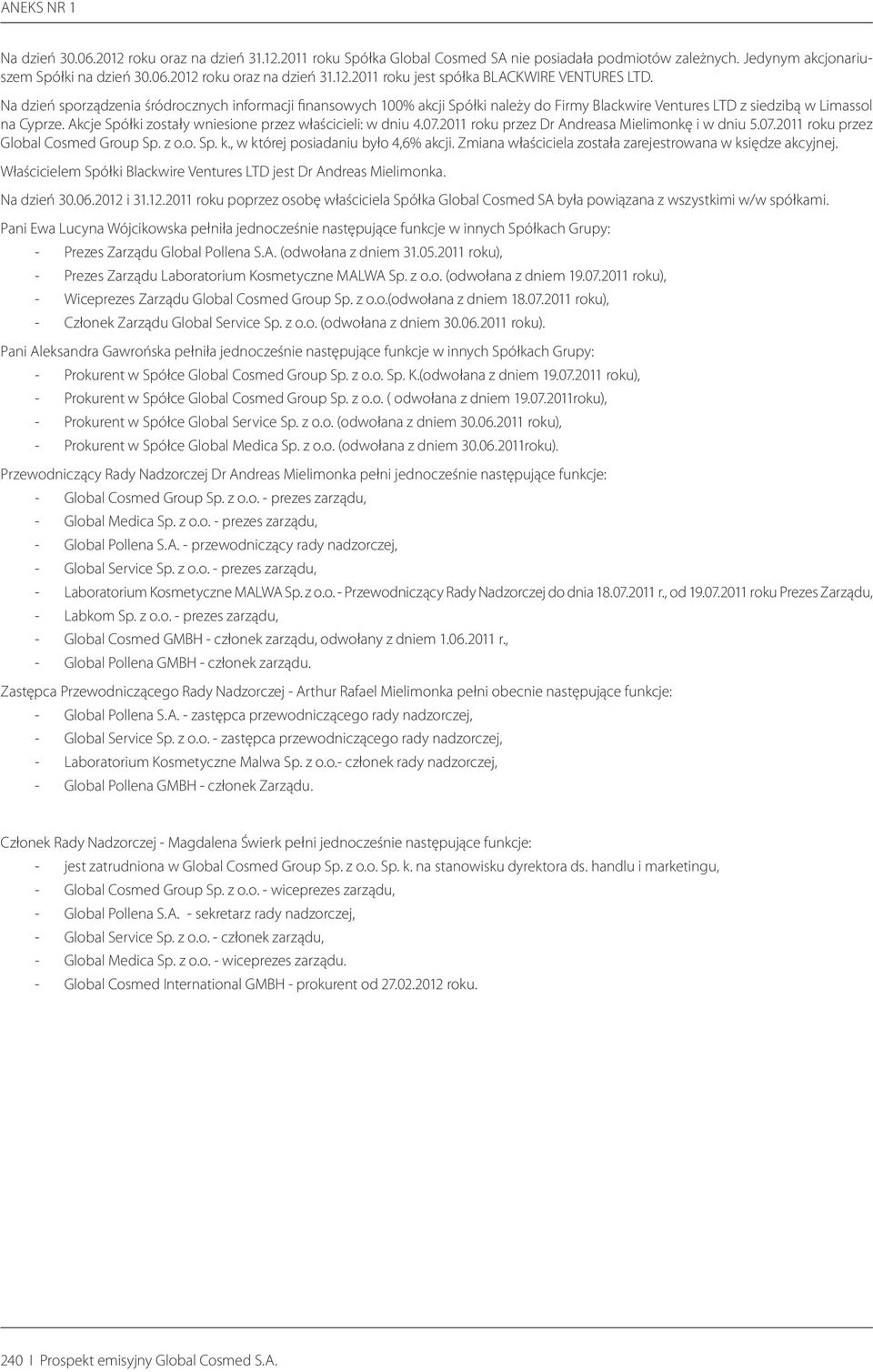 Akcje Spółki zostały wniesione przez właścicieli: w dniu 4.07.2011 roku przez Dr Andreasa Mielimonkę i w dniu 5.07.2011 roku przez Global Cosmed Group Sp. z o.o. Sp. k.