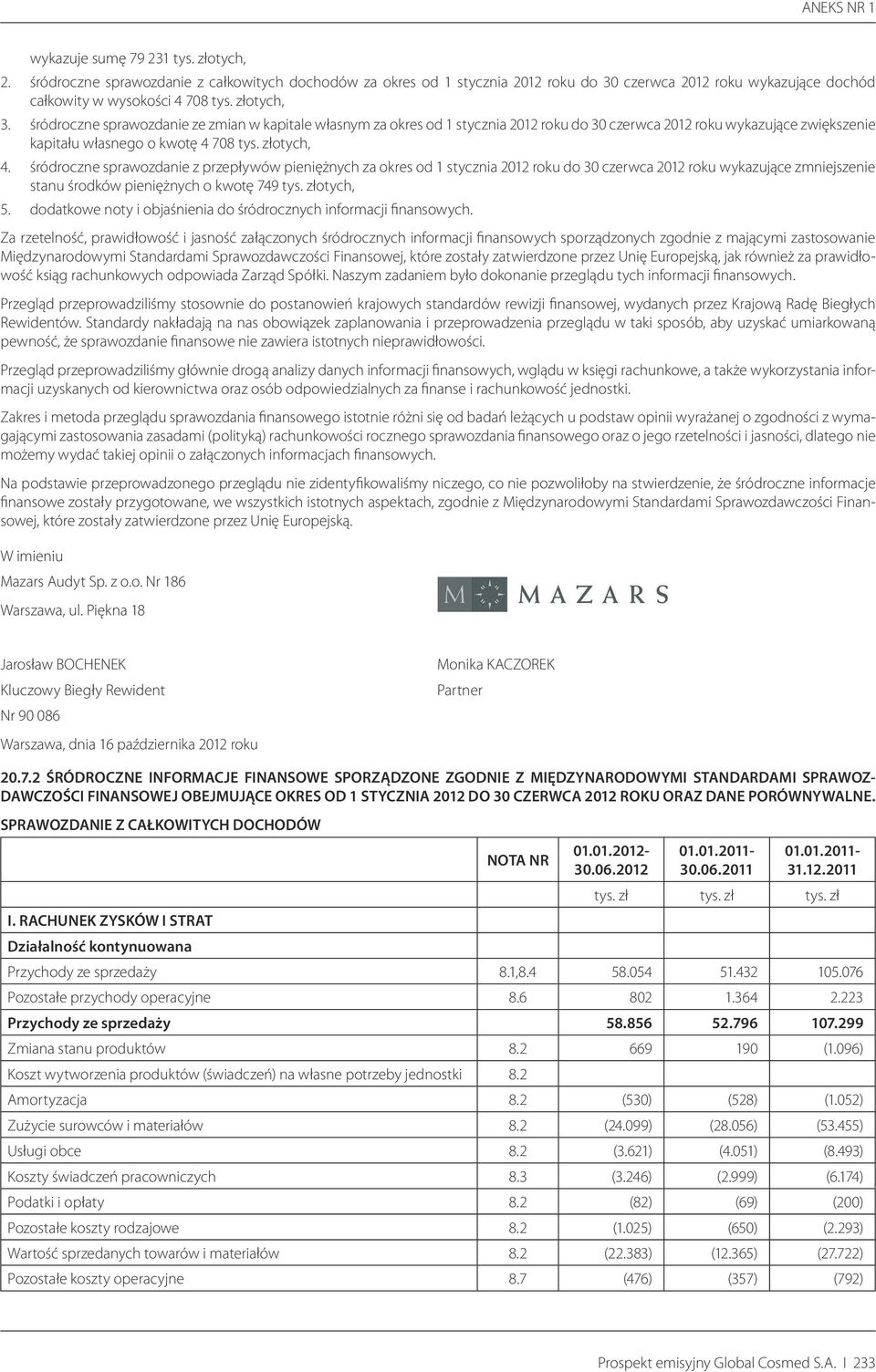 śródroczne sprawozdanie z przepływów pieniężnych za okres od 1 stycznia 2012 roku do 30 czerwca 2012 roku wykazujące zmniejszenie stanu środków pieniężnych o kwotę 749 otych, 5.