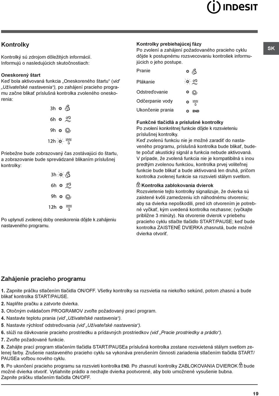 kontrolka zvoleného oneskorenia: Kontrolky prebiehajúcej fázy Po zvolení a zahájení požadovaného pracieho cyklu dôjde k postupnému rozsvecovaniu kontroliek informujúcich o jeho postupe.