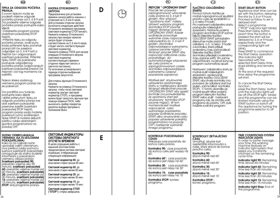 Pritisnite tipku za odgodu poãetka pranja, svaki puta kada pritisnete tipku poãetak pranja biti çe zasebno odgodjen za, ili 9 sati a treptat çe i odgovarajuçi svjetlosni pokazatelj.
