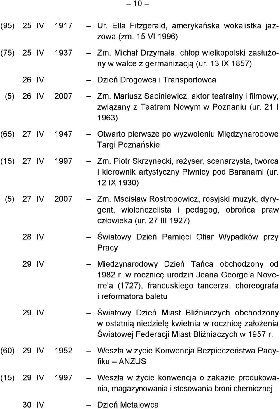 21 I 1963) (65) 27 IV 1947 Otwarto pierwsze po wyzwoleniu Międzynarodowe Targi Poznańskie (15) 27 IV 1997 Zm.