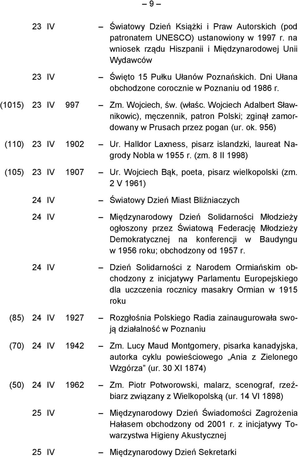 ok. 956) (110) 23 IV 1902 Ur. Halldor Laxness, pisarz islandzki, laureat Nagrody Nobla w 1955 r. (zm. 8 II 1998) (105) 23 IV 1907 Ur. Wojciech Bąk, poeta, pisarz wielkopolski (zm.