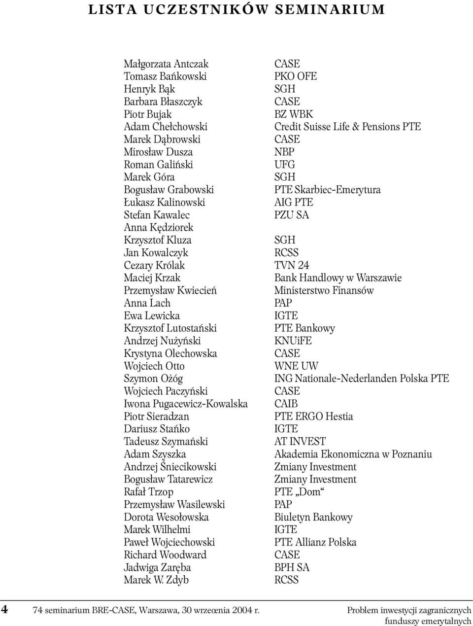 Kowalczyk RCSS Cezary Królak TVN 24 Maciej Krzak Bank Handlowy w Warszawie Przemysław Kwiecień Ministerstwo Finansów Anna Lach PAP Ewa Lewicka IGTE Krzysztof Lutostański PTE Bankowy Andrzej Nużyński